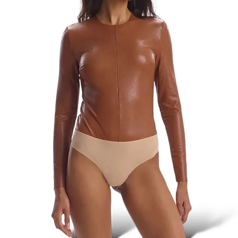 COMMANDO Faux Leather Long Sleeve Cocoa Brown Bodysuit | S |